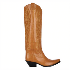 Tuhoomall Western Style Floral Embroidery Knee High Boots for Work - 5.6 cm Chunky Heel, Rubber Sole, Slip-On Design, Classic Fashion وترتیب