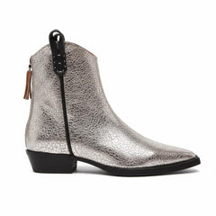 Tuhoomall Metallic Silver Chunky Heel Ankle Boots - Stylish Snip Toe Design, Effortless Slip-On, Perfect for Casual and Office Wear