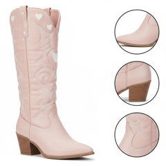 Tuhoomall Western Knee High Boots With Rubber Sole, 5cm Chunky Heel, Embroidered Sweet Pink Hearts For Casual Fashion All Year Round