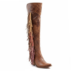 Tuhoomall Western Over Knee Boots with Fringe and Heart Pattern, Block Heel 2.76in, Zipper Closure, Faux Suede for Fashionable Boho Lifestyle