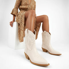 Tuhoomall Metallic Cowboy Ankle Boot with Chunky Block Heel, Pointed Toe, Embroidered Design for Casual Fashion Use, Vegan Leather, All Seasons