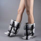 Tuhoomall Chic Black And White Checkered Ankle Boots For Parties And Performances With High Stiletto Heels And Convenient Slip-On Design