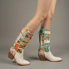 Tuhoomall Ivory Floral Embroidered Crystal Cowgirl Mid Calf Boots with Chunky Heel for Fashion Casual Wear Tuhoomall