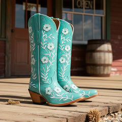 Tuhoomall Western Cowboy Knee High Boots with Floral Embroidery - Comfortable Chunky Heel for Casual, Work, Travel and Party Wear