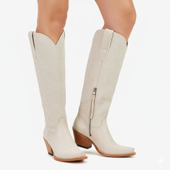 Tuhoomall Western Cowboy Knee High Boots for Women, Floral Embroidery, Comfortable Chunky Heel, Perfect for Travel and Outdoor Fashion