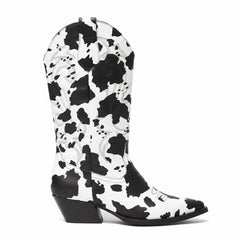 Tuhoomall Cow Pattern Western Boots for Women, Round Toe, Chunky 1.57in Heel, Casual Slip-On Mid-Calf Design, Stylish All-Season Footwear