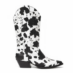 Tuhoomall Cow Pattern Western Boots for Women, Round Toe, Chunky 1.57in Heel, Casual Slip-On Mid-Calf Design, Stylish All-Season Footwear Tuhoomall