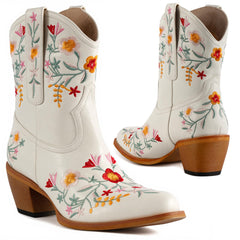 Tuhoomall Stylish Western Ankle Boots with Floral Embroidery, Rubber Sole, Chunky 5cm Heel for Classic and Casual Looks