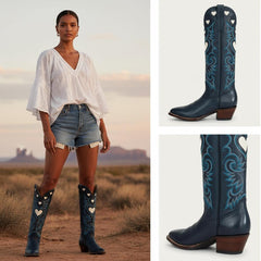 Tuhoomall Western Knee High Boots With Rubber Sole, 5cm Chunky Heel, Embroidered Sweet Pink Hearts For Casual Fashion All Year Round