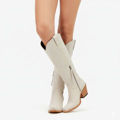 Tuhoomall Western Cowboy Knee High Boots for Women, Floral Embroidery, Comfortable Chunky Heel, Perfect for Travel and Outdoor Fashion