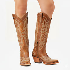 Tuhoomall Western Over-the-Knee Boots for Women, Floral Embroidered Chunky Heel, Comfortable Slip-On, Stylish for Travel and Outdoor Fashion