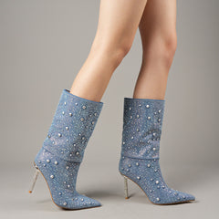 Tuhoomall Denim Blue Stiletto Boots, Chic Pointed Toe, Rhinestone Embellished, Scrunch Design for Parties and Casual Outings, 4.5-Inch Comfortable Heel