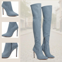 Tuhoomall Stiletto Over-The-Knee Boots for Women, Pointed Toe Denim Fabric, 4-Inch Heel, Fashionable Party & Performance Wear