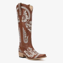 Tuhoomall Knee-High Embroidered Boots for Women with Rhinestones - Stylish Slip-On Design, Low Chunky Heel for Parties and Events