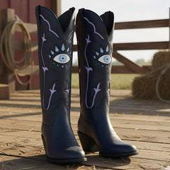 Tuhoomall Western Cowgirl Boots For Women - Stylish Chunky Heel Mid Calf Slip-On With Embroidered Geometric Design Tuhoomall