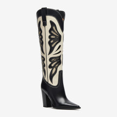Tuhoomall Fashion Casual Knee-High Boots with Embroidery, Lizard Pattern Chunky Heel for Travel, Work, Party and Evening Wear Tuhoomall