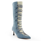 Tuhoomall Fashion Casual Mid-Calf Boots with Gradient Pattern, Pointed Toe, Chunky Heel, Slip-On Design for All Seasons