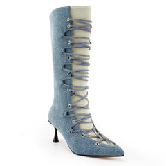 Tuhoomall Fashion Casual Mid-Calf Boots with Gradient Pattern, Pointed Toe, Chunky Heel, Slip-On Design for All Seasons Tuhoomall