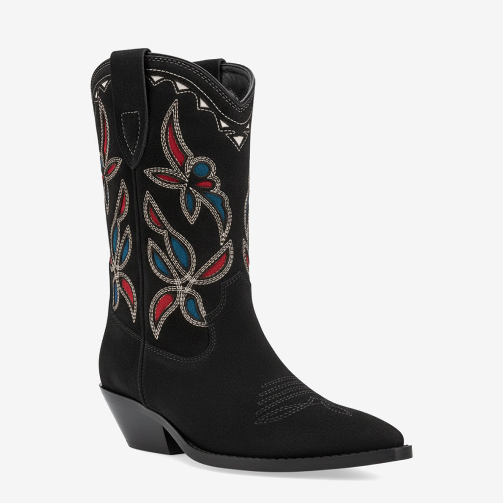 Tuhoomall Retro Western Boots for Women, Embroidered Suede Slip-On Casual Fashion, Chunky Heeled Mid-Calf Fashion Shoes, Year-Round Comfort Tuhoomall