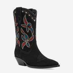 Tuhoomall Retro Western Boots for Women, Embroidered Suede Slip-On Casual Fashion, Chunky Heeled Mid-Calf Fashion Shoes, Year-Round Comfort