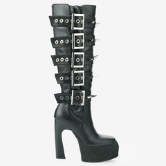 Tuhoomall Knee High Gladiator Style Thick Sole Party Boots with Adjustable Buckle and Studded Zipper for Fashionable Casual Events