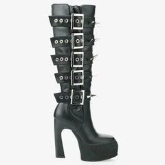 Tuhoomall Knee High Gladiator Style Thick Sole Party Boots with Adjustable Buckle and Studded Zipper for Fashionable Casual Events Tuhoomall