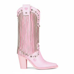 Tuhoomall Chunky Heel Western Rhinestone Booties with Fringes for Fashion Events, Pointed Toe, Slip-On Style, All-Day Comfort, Eye-Catching Design