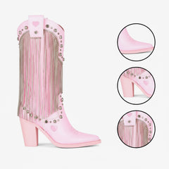 Tuhoomall Chunky Heel Western Rhinestone Booties with Fringes for Fashion Events, Pointed Toe, Slip-On Style, All-Day Comfort, Eye-Catching Design