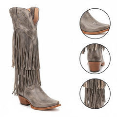 Tuhoomall Western Knee-High Cowboy Boots, Chunky Heel, Fringe & Studs, Retro Style, Casual Wear, All Seasons