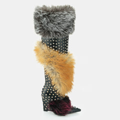 Tuhoomall Stylish Over-the-Knee Chunky Heeled Boots for Parties and Performances with Faux Fur and Studs
