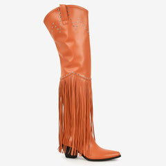 Tuhoomall Over-The-Knee High Heel Boots With Fringes And Studs For Party And Fashion Events