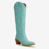 Tuhoomall Western Knee-High Cowboy Boots With Chunky Heel, Stylish Suede , Chic Patchwork Design For Comfort In Casual Outfits Tuhoomall