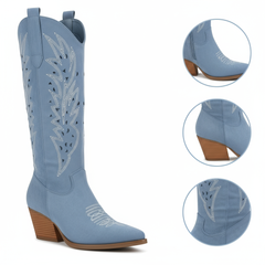 Tuhoomall Western Knee-High Boots For Women With Embroidery And Zipper, Chunky Heel For Travel, Outdoor, Fashion Casual, Party And Dance