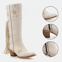 Tuhoomall Western Cowboy Boots for Women, Floral Embroidered Mid-Calf Chunky Heel, Trendy Fringe Detail, Perfect for Casual Outings and Performances