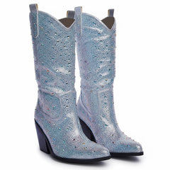 Tuhoomall Western Ankle Boots With Rhinestones, Mid Heel 3.00 in, Faux Leather, Stylish For Parties, Weddings, Performances