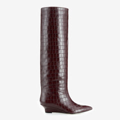 Tuhoomall Wedges Boots Over-the-Knee Boots For Parties and Performances, Comfortable Wedge Heel, Crocodile Pattern PU, Fashionable Retro Design