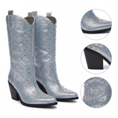 Tuhoomall Western Ankle Boots With Rhinestones, Mid Heel 3.00 in, Faux Leather, Stylish For Parties, Weddings, Performances