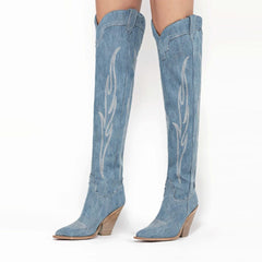 Tuhoomall Vintage Embroidered Knee-High Cowboy Boots for Women, Chunky Heel, Rubber Sole, Faux Suede Lining, Casual Fashion for Spring & Autumn