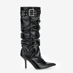 Tuhoomall Heels Boots for Women, Comfortable Folds, Outdoor Fashion, 9.5cm Heels, Slip-On Style, Metal Buckles, Versatile Casual Wear