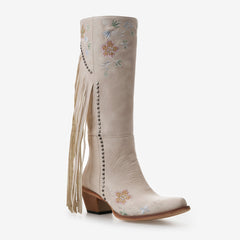 Tuhoomall Western Cowboy Boots for Women, Floral Embroidered Mid-Calf Chunky Heel, Trendy Fringe Detail, Perfect for Casual Outings and Performances