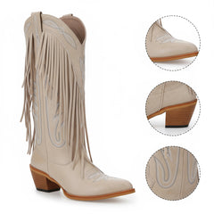 Tuhoomall Western Floral Cowboy Boots for Women - Comfortable Mid-Calf Slip-On Footwear with Fringe for Parties and Travel Tuhoomall
