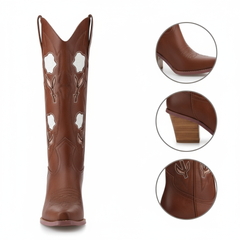 Tuhoomall Floral Embroidered Cowboy Ankle Boots For Women, Chic Slip-On Design, Low Block Heel, Perfect For Casual Events And Everyday Wear