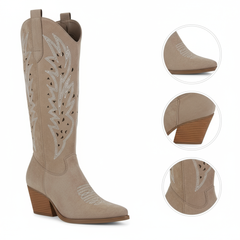 Tuhoomall Western Knee-High Boots For Women With Embroidery And Zipper, Chunky Heel For Travel, Outdoor, Fashion Casual, Party And Dance