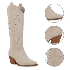 Tuhoomall Western Knee-High Boots For Women With Embroidery And Zipper, Chunky Heel For Travel, Outdoor, Fashion Casual, Party And Dance