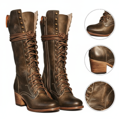 Tuhoomall Western Cowgirl Mid Calf Boots, Retro Chunky Heel, Round Toe, Zipper Closure, Stylish Casual Travel Footwear
