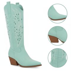 Tuhoomall Western Knee-High Boots For Women With Embroidery And Zipper, Chunky Heel For Travel, Outdoor, Fashion Casual, Party And Dance