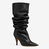 Tuhoomall Khaki Ruched Pointed-Toe Knee-High Boots for Women, Casual Slip-On Style with Sturdy Chunky Heel