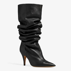 Tuhoomall Khaki Ruched Pointed-Toe Knee-High Boots for Women, Casual Slip-On Style with Sturdy Chunky Heel Tuhoomall