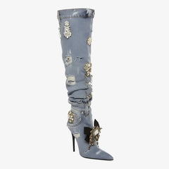 Tuhoomall Knee-High Stiletto Boots With Ruched Design, Pointed Toe, Jewel Embellishments, Stylish Slip-On, Perfect For Parties And Performances Tuhoomall