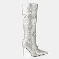 Tuhoomall Comfortable Rhinestone Embellished Knee High Boots for Parties, Performances, and Special Occasions with 9.5cm Stiletto Heel